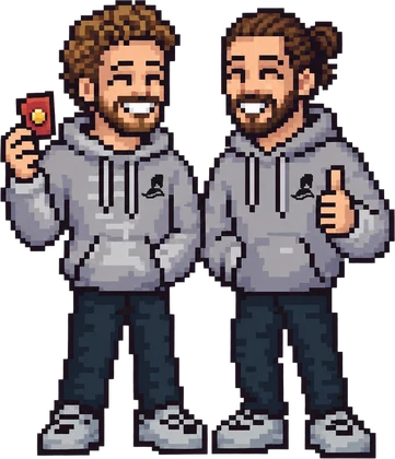 Pixel-Art: Jakob und Luis mit dem Keine-Gewalt-Pin