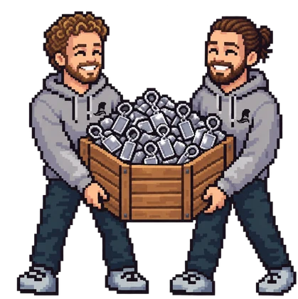 Pixel-Art: Jakob und Luis tragen eine Kiste voller Anhänger
