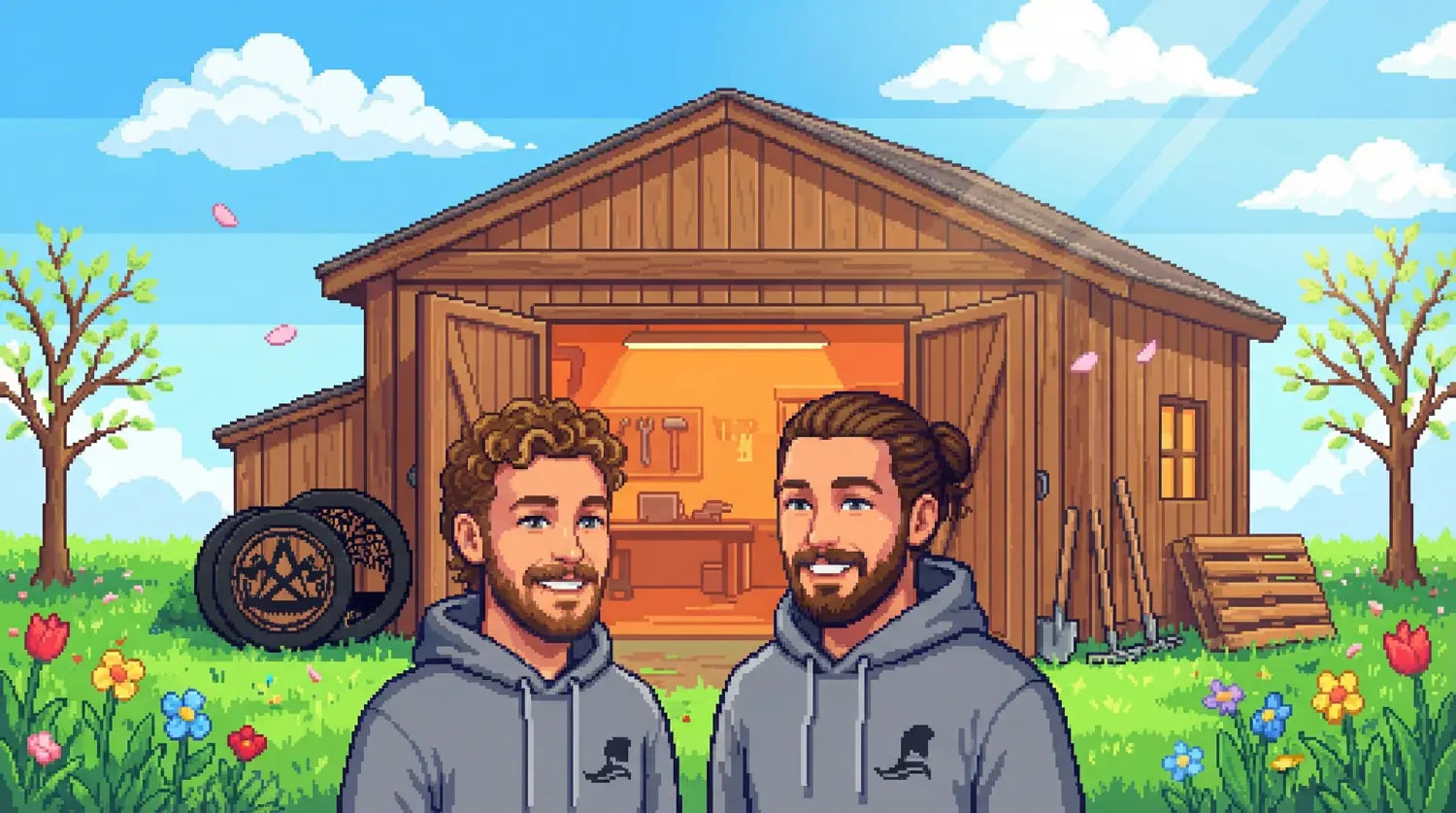 Pixel-Art: Jakob und Luis vor ihrer Werkstatt