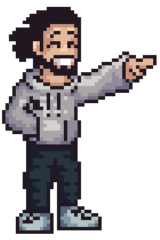 Luis in Pixel-Art zeigt auf die Auswahl